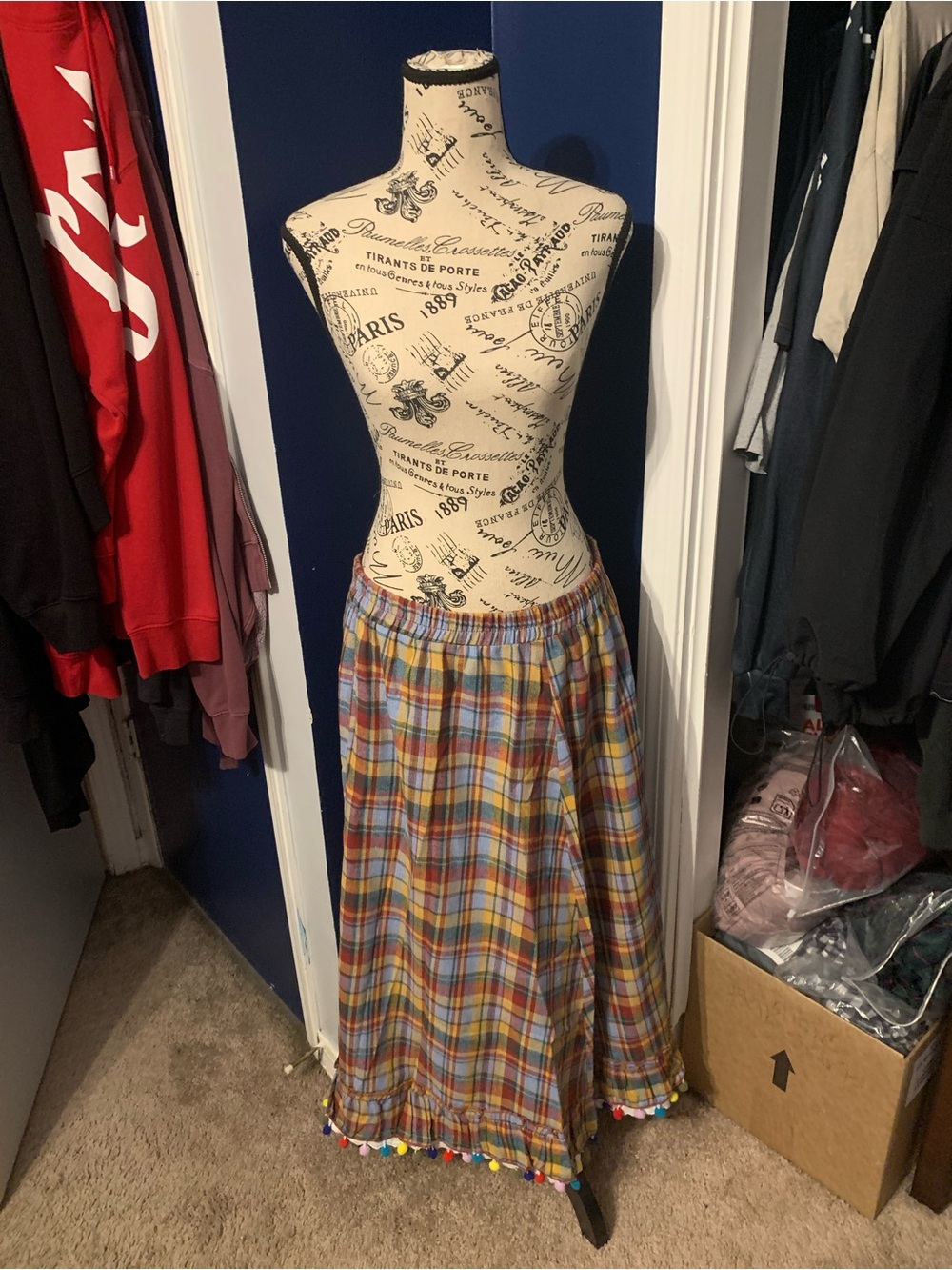 Bohemian Multi-Color Plaid Maxi Skirt with Pom Trim